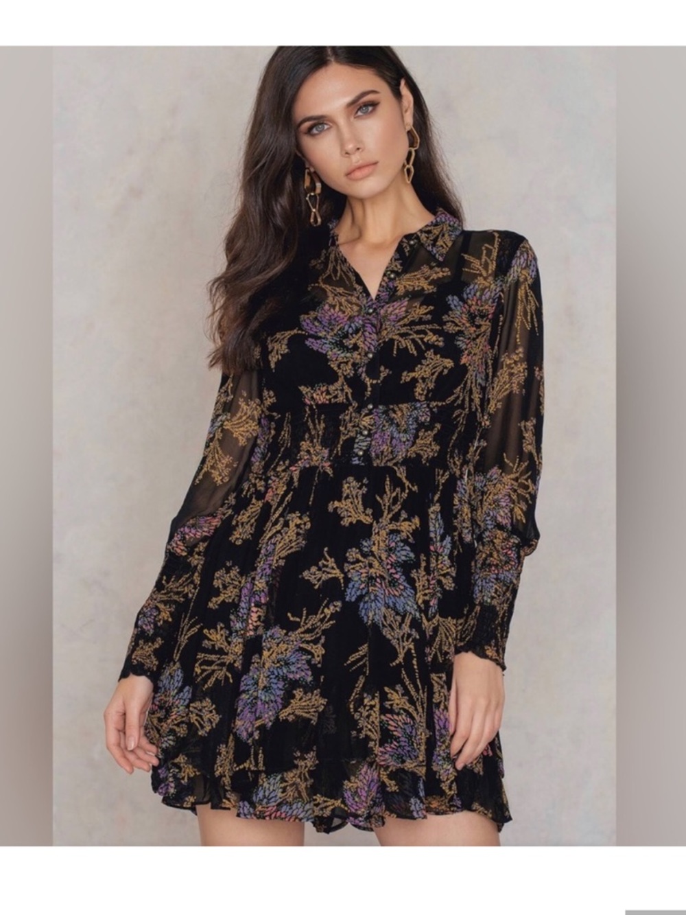Free People Black Floral Long-Sleeve Mini Dress Button Down Top Smocked Waist S